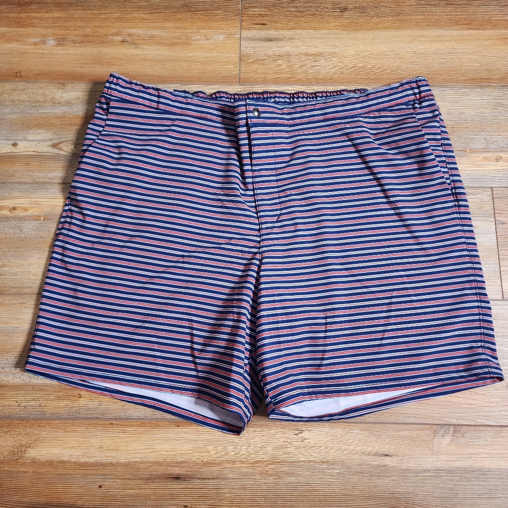 Lands' End Swim Shorts Mens XXL Sunset Trunks Red Blue Striped Lined 7" NEW